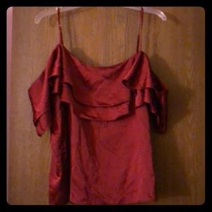 Satin burgundy top with off shoulder petal sleeve